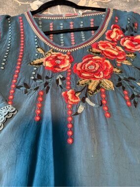 Johnny Was Embroidered Floral V-Neck Women’s Top in Teal with Red Accents